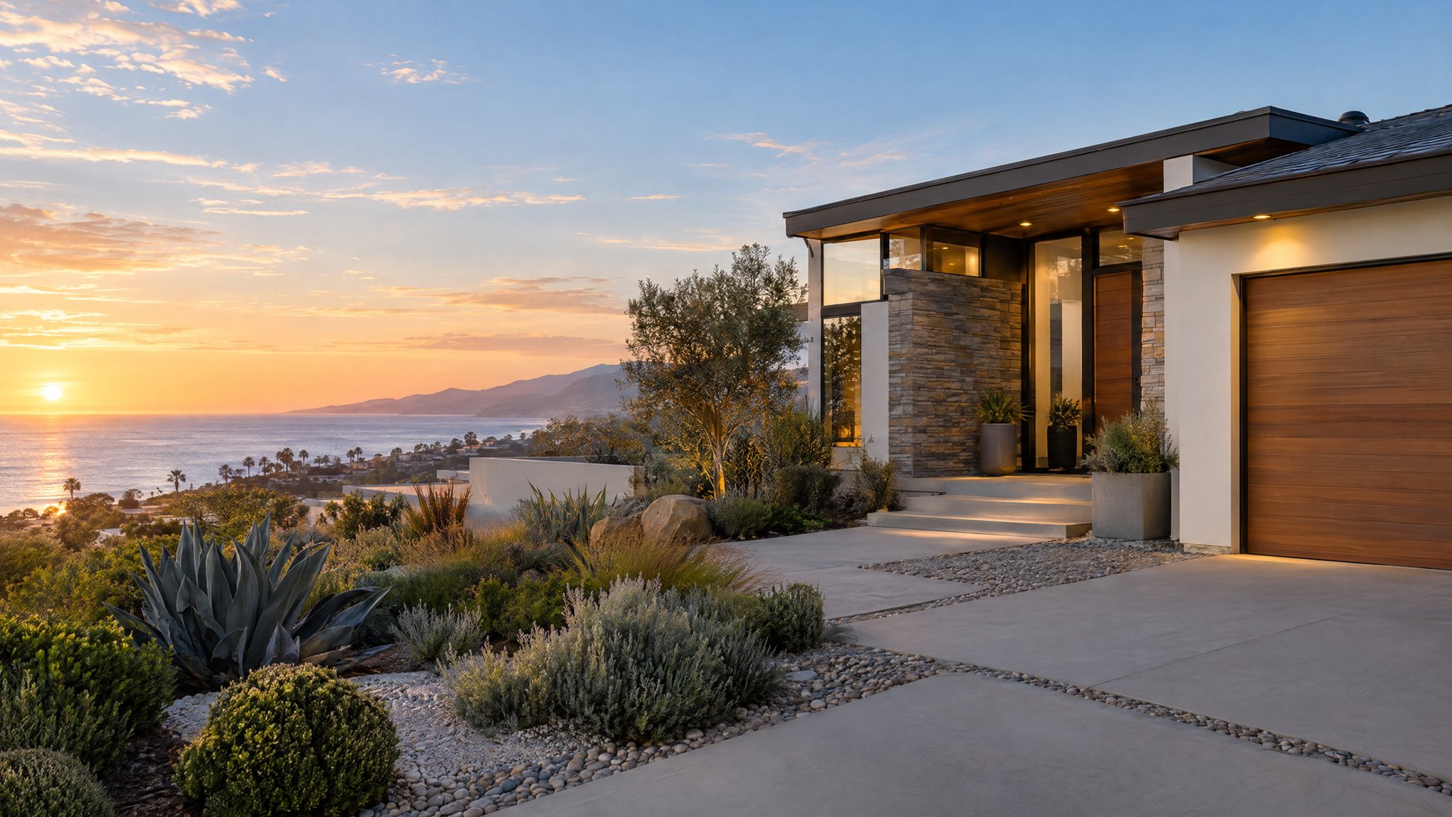 Southern California coastal residence at dusk